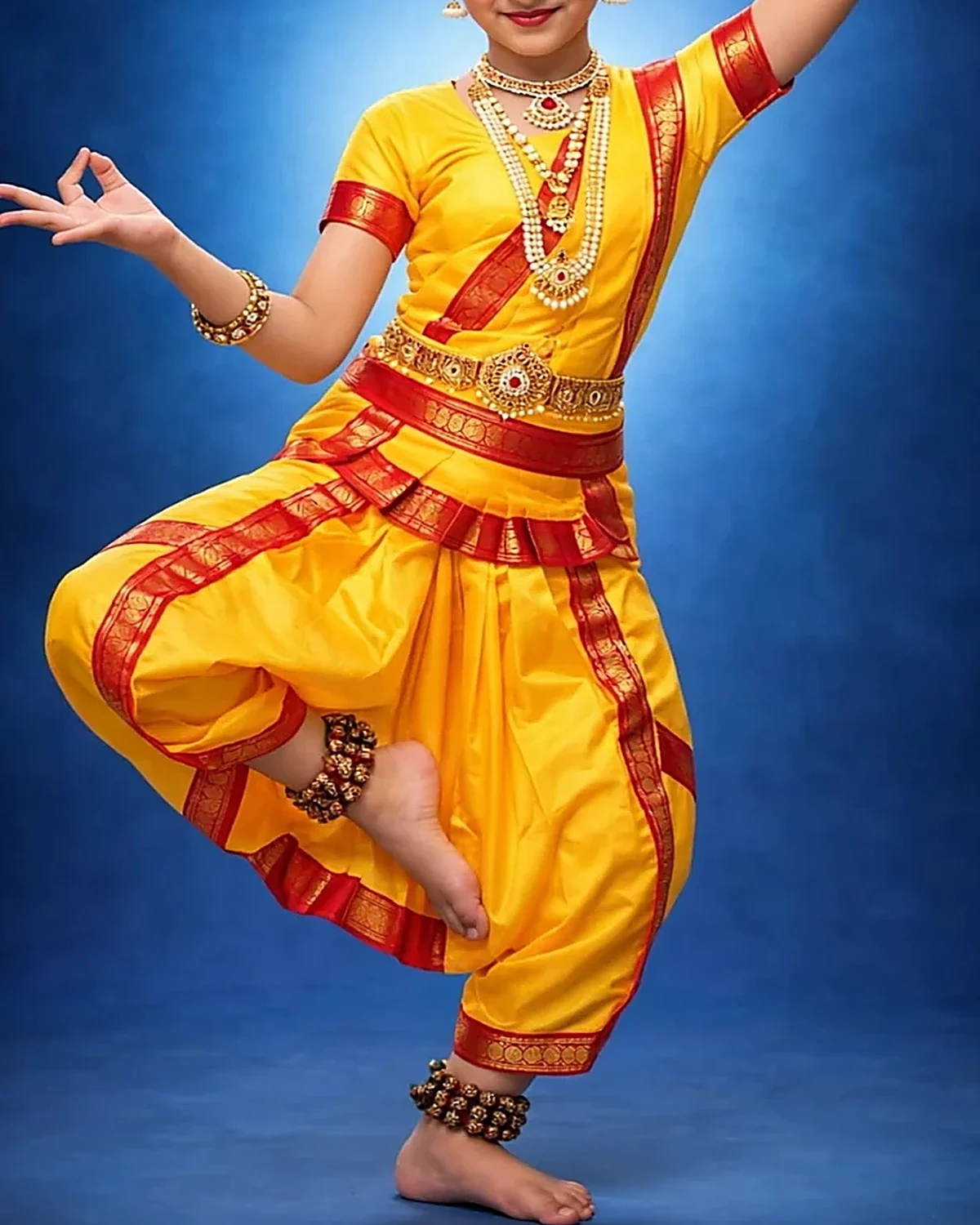 Bharat Natiyam Costume for kids — Lower half close-up — Yellow/Red colour — Polyester fabric — Indian sizes S (24)–L (34) — Bharat Natiyam fancy dress for school annual day & sports day — Kolkata & West Bengal delivery — ZapCostumes