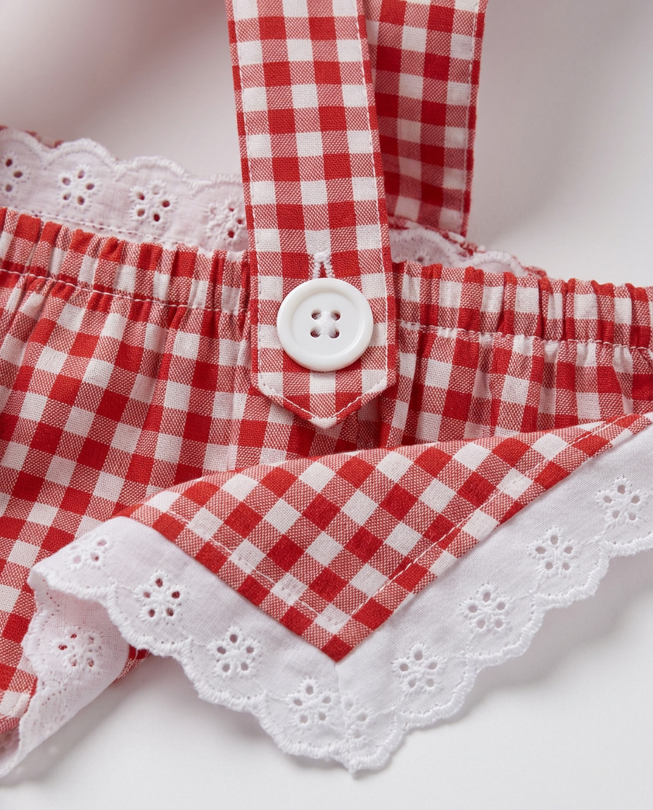 Red Gingham Pinafore Party Dress for kids — Fabric & stitching close-up — Red/White colour — Gingham Cotton Blend with Cotton Lining fabric — Indian sizes 20–30 — Dance Dress fancy dress for school annual day & sports day — Kolkata & West Bengal delivery — ZapCostumes