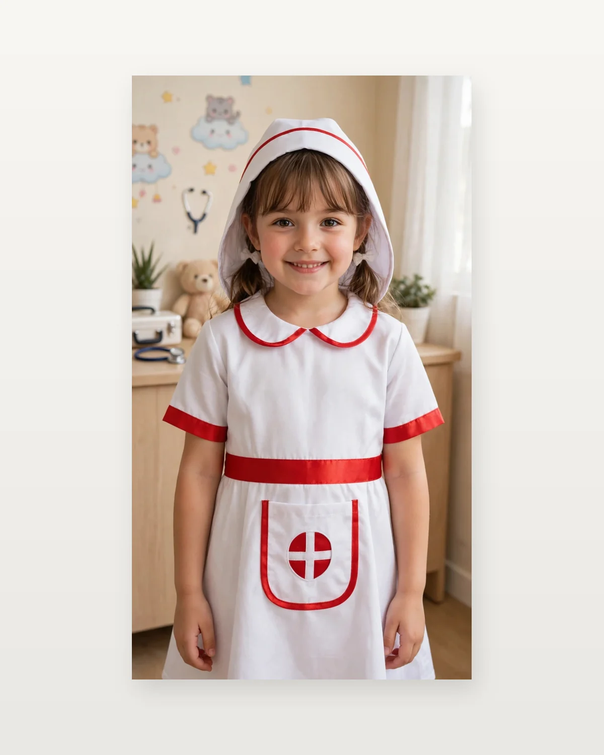 Nurse Costume for kids — Studio front view — White/Red colour — Polyester fabric — Indian sizes S–L — Nurse / Doctor fancy dress for school annual day & sports day — Kolkata & West Bengal delivery — ZapCostumes