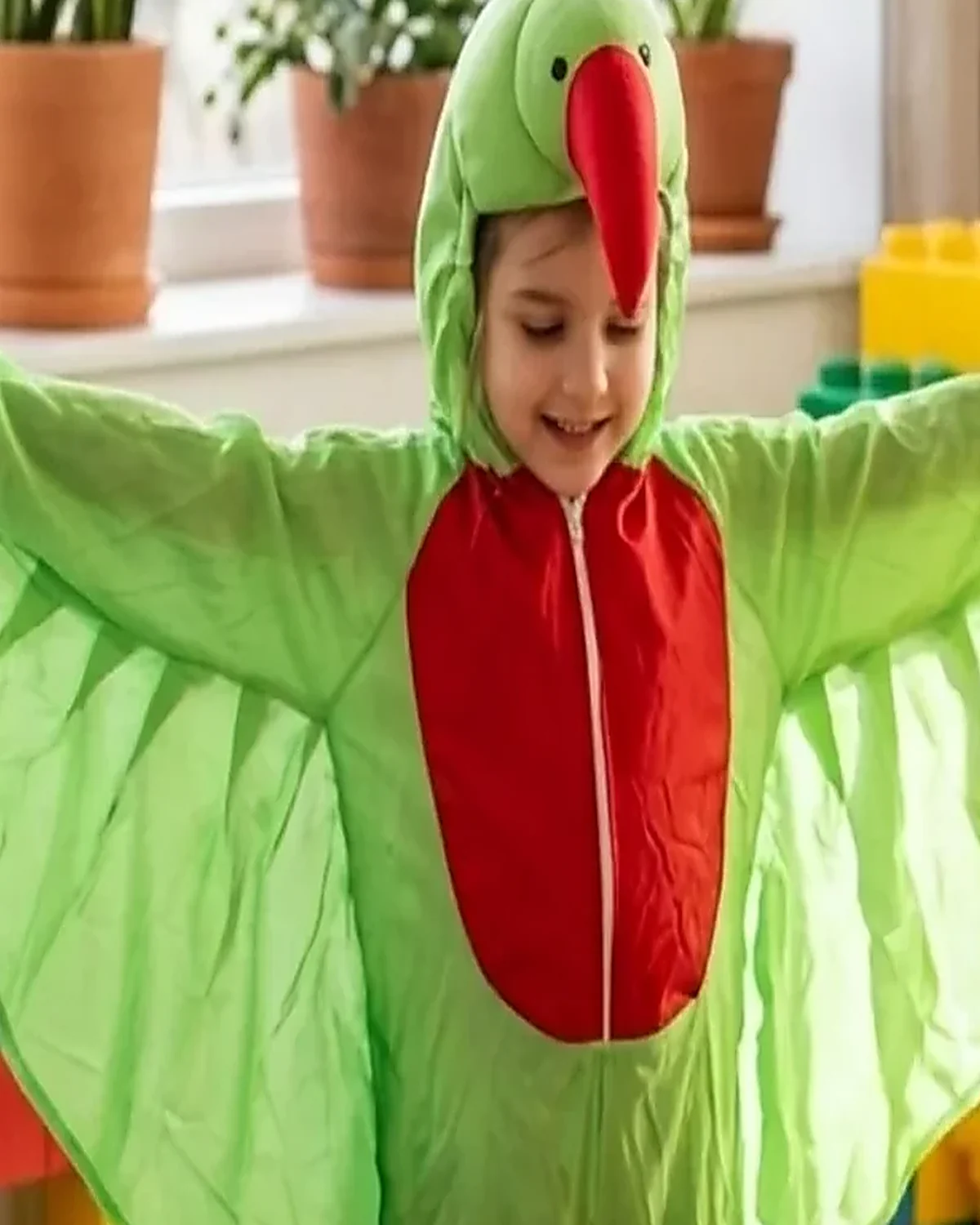 Parrot Costume for kids — Top half close-up — Green/Red colour — Plush Polyester fabric — Indian sizes S–L — Animals fancy dress for school annual day & sports day — Kolkata & West Bengal delivery — ZapCostumes