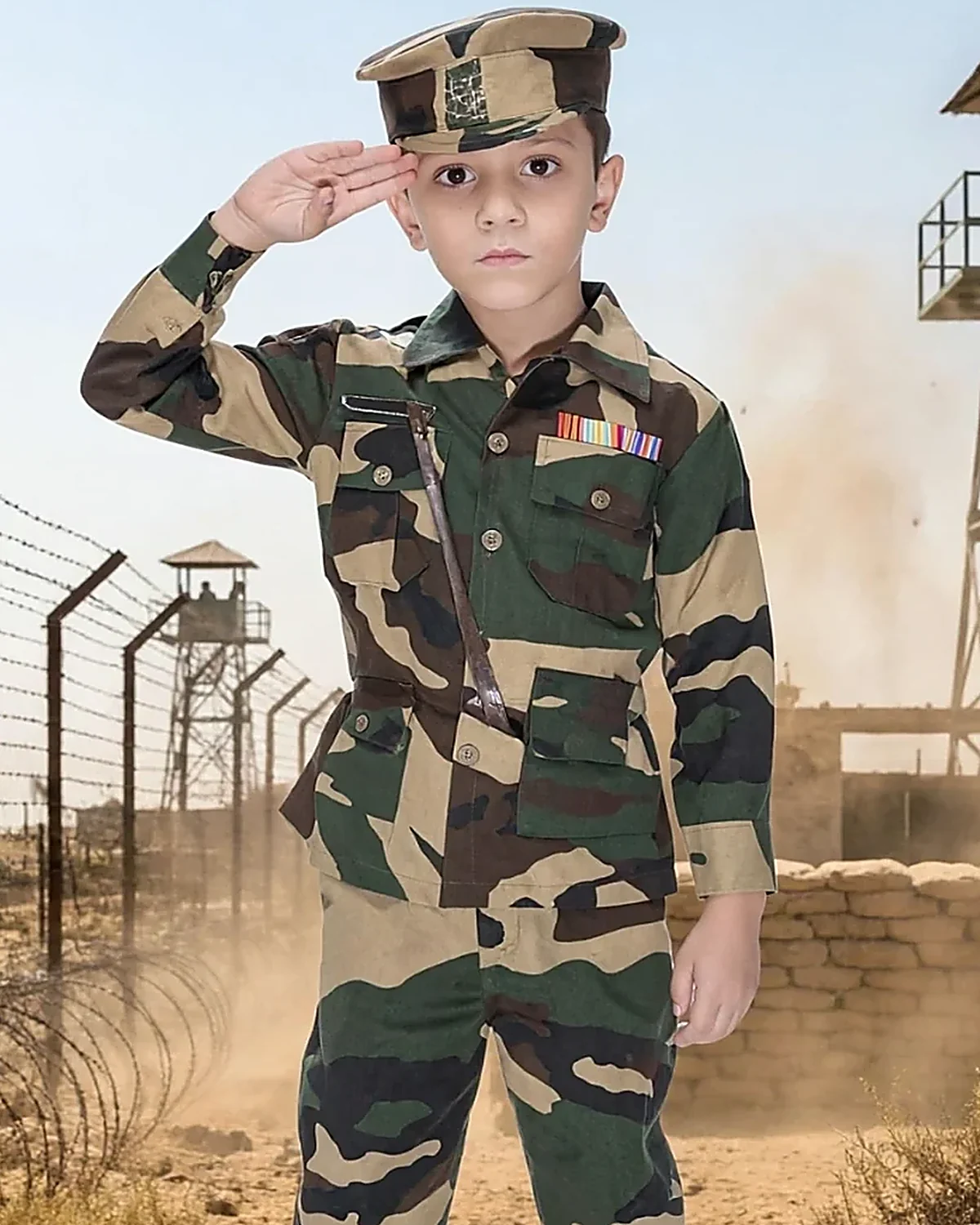 BSF Jawan Costume for kids — Lower half close-up — Khaki Olive colour — Polyester fabric — Indian sizes S (24)–XXL (40) — Defence Forces fancy dress for school annual day & sports day — Kolkata & West Bengal delivery — ZapCostumes