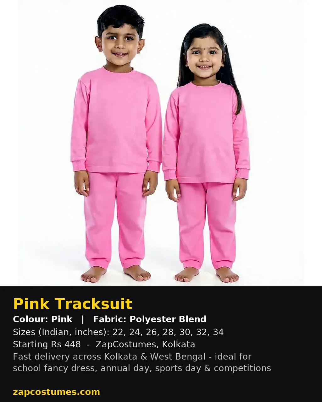 Pink Tracksuit for kids — Size, fabric & delivery details — Pink colour — Polyester Blend fabric — Indian sizes 22–34 — Tracksuits / Jersey fancy dress for school annual day & sports day — Kolkata & West Bengal delivery — ZapCostumes