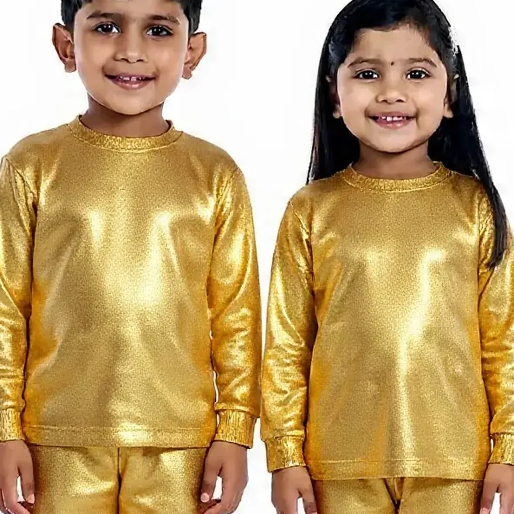 Gold Metallic Tracksuit for kids — Zoomed-in fabric & detail view — Gold colour — Polyester Blend fabric — Indian sizes 22–34 — Tracksuits / Jersey fancy dress for school annual day & sports day — Kolkata & West Bengal delivery — ZapCostumes