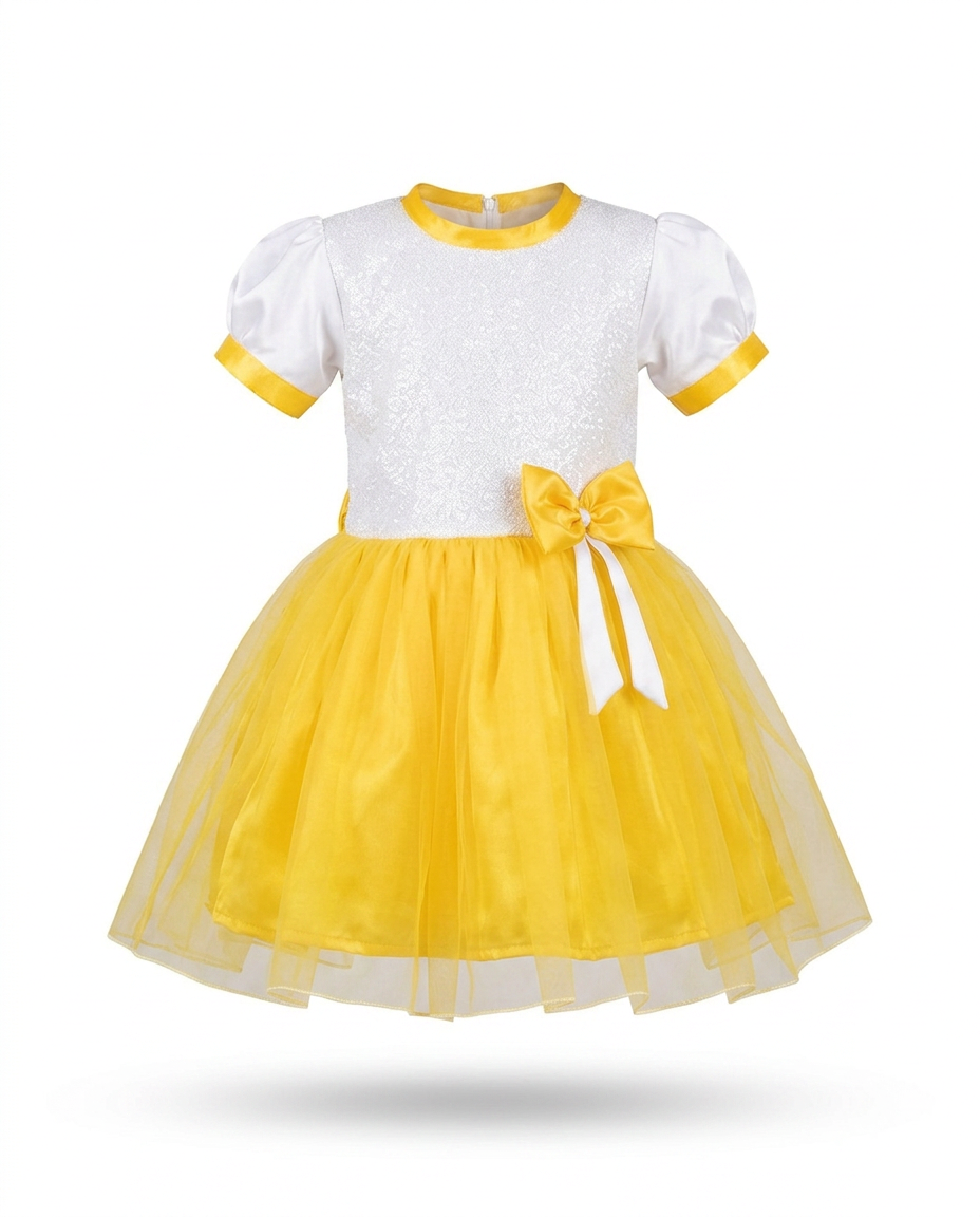 Yellow Sequin & Tulle Party Dress for kids — Ghost mannequin view — Yellow/Gold colour — Sequin Fabric & Tulle with Cotton Lining fabric — Indian sizes 20–30 — Dance Dress fancy dress for school annual day & sports day — Kolkata & West Bengal delivery — ZapCostumes