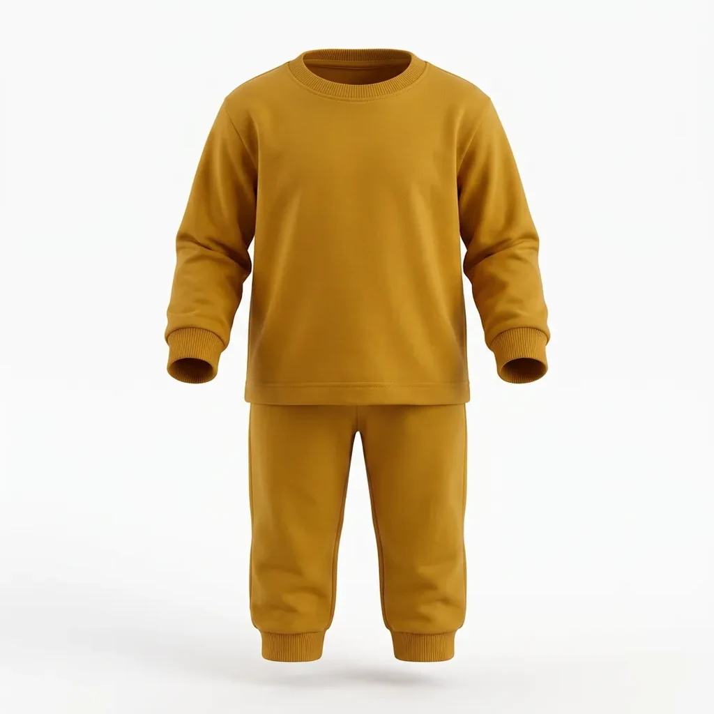 Mustard Tracksuit for kids — Ghost mannequin view — Mustard colour — Polyester Blend fabric — Indian sizes 22–34 — Tracksuits / Jersey fancy dress for school annual day & sports day — Kolkata & West Bengal delivery — ZapCostumes