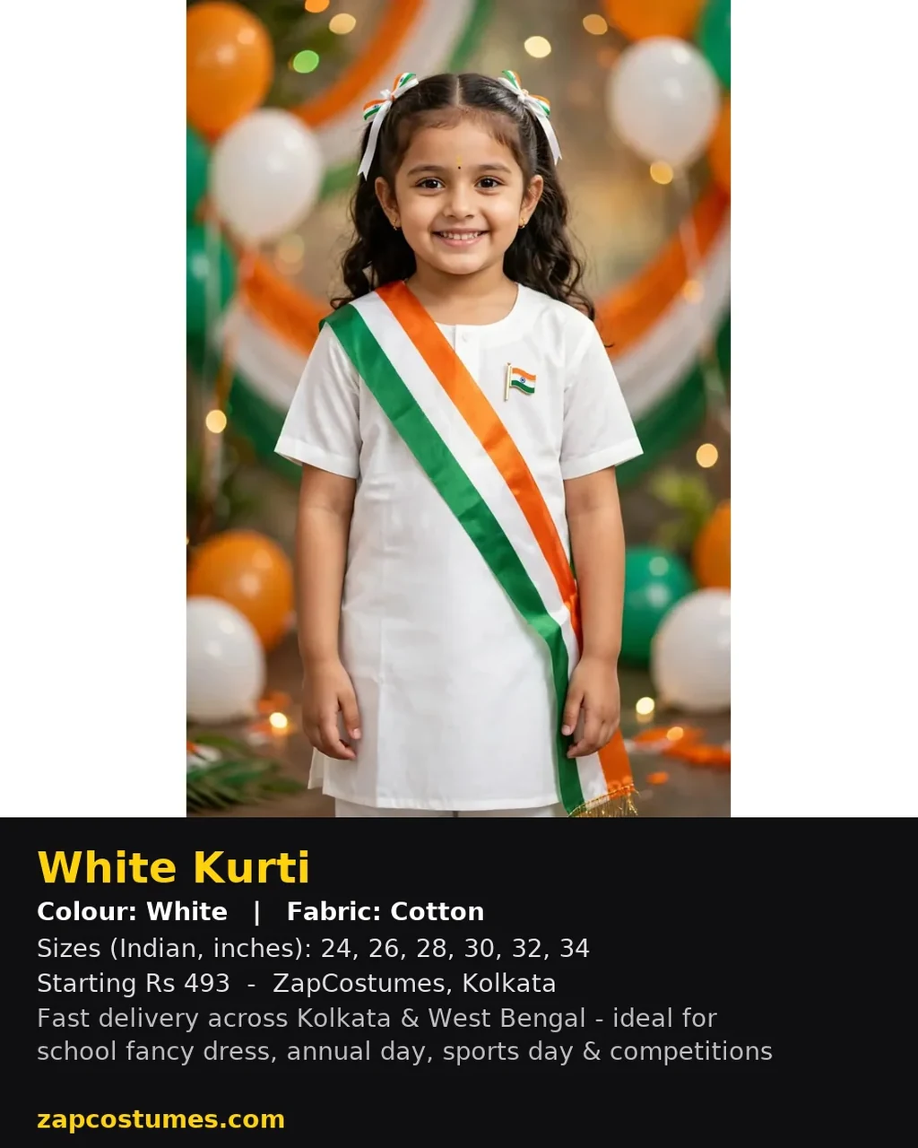 White Kurti for kids — Size, fabric & delivery details — White colour — Cotton fabric — Indian sizes 24–34 — White Kurta Pyjama fancy dress for school annual day & sports day — Kolkata & West Bengal delivery — ZapCostumes
