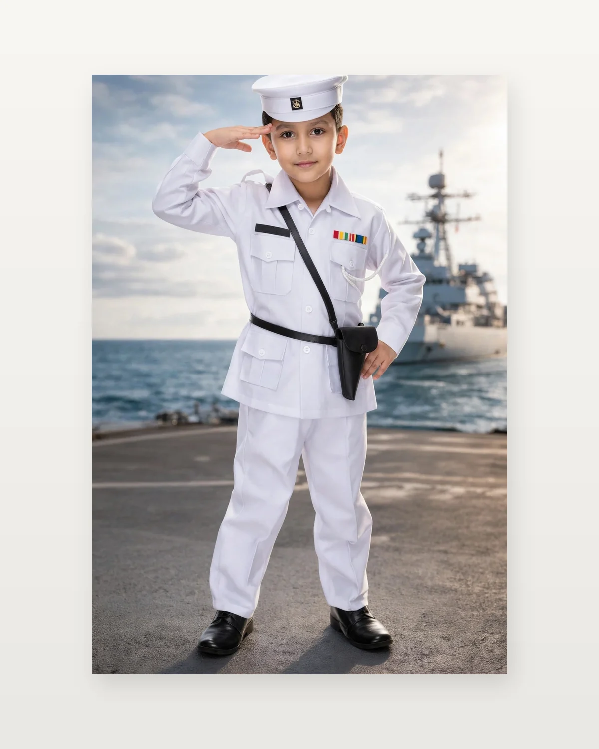 Navy Officer Costume for kids — Studio front view — White colour — Polyester fabric — Indian sizes S (24)–L (32) — Defence Forces fancy dress for school annual day & sports day — Kolkata & West Bengal delivery — ZapCostumes