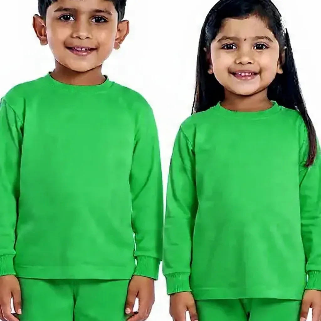 Green Tracksuit for kids — Zoomed-in fabric & detail view — Green colour — Polyester Blend fabric — Indian sizes 22–34 — Tracksuits / Jersey fancy dress for school annual day & sports day — Kolkata & West Bengal delivery — ZapCostumes