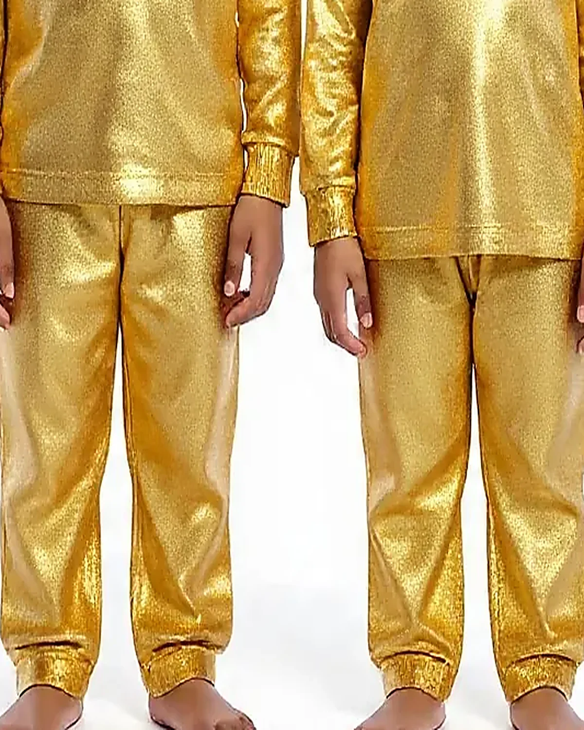 Gold Metallic Tracksuit for kids — Lower half close-up — Gold colour — Polyester Blend fabric — Indian sizes 22–34 — Tracksuits / Jersey fancy dress for school annual day & sports day — Kolkata & West Bengal delivery — ZapCostumes