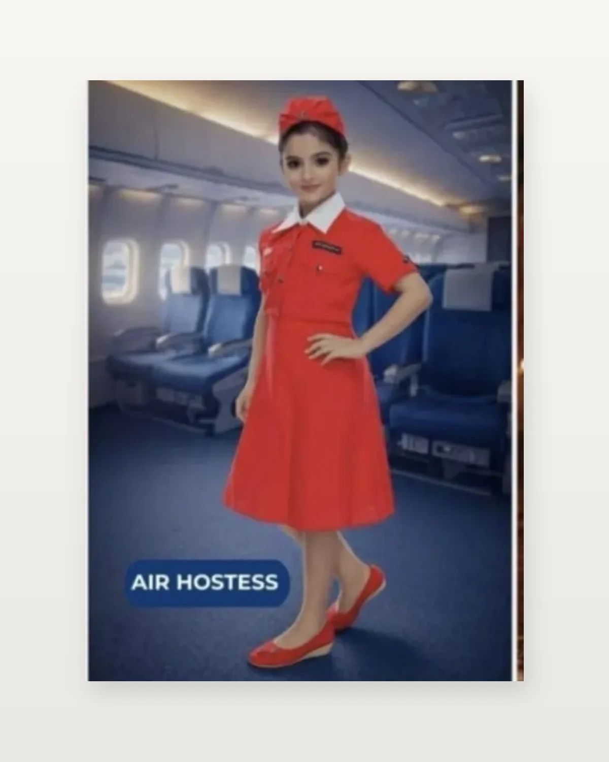 Air Hostess Costume for kids — Studio front view — Red colour — Polyester fabric — Indian sizes S (24)–XL (36) — Professions fancy dress for school annual day & sports day — Kolkata & West Bengal delivery — ZapCostumes