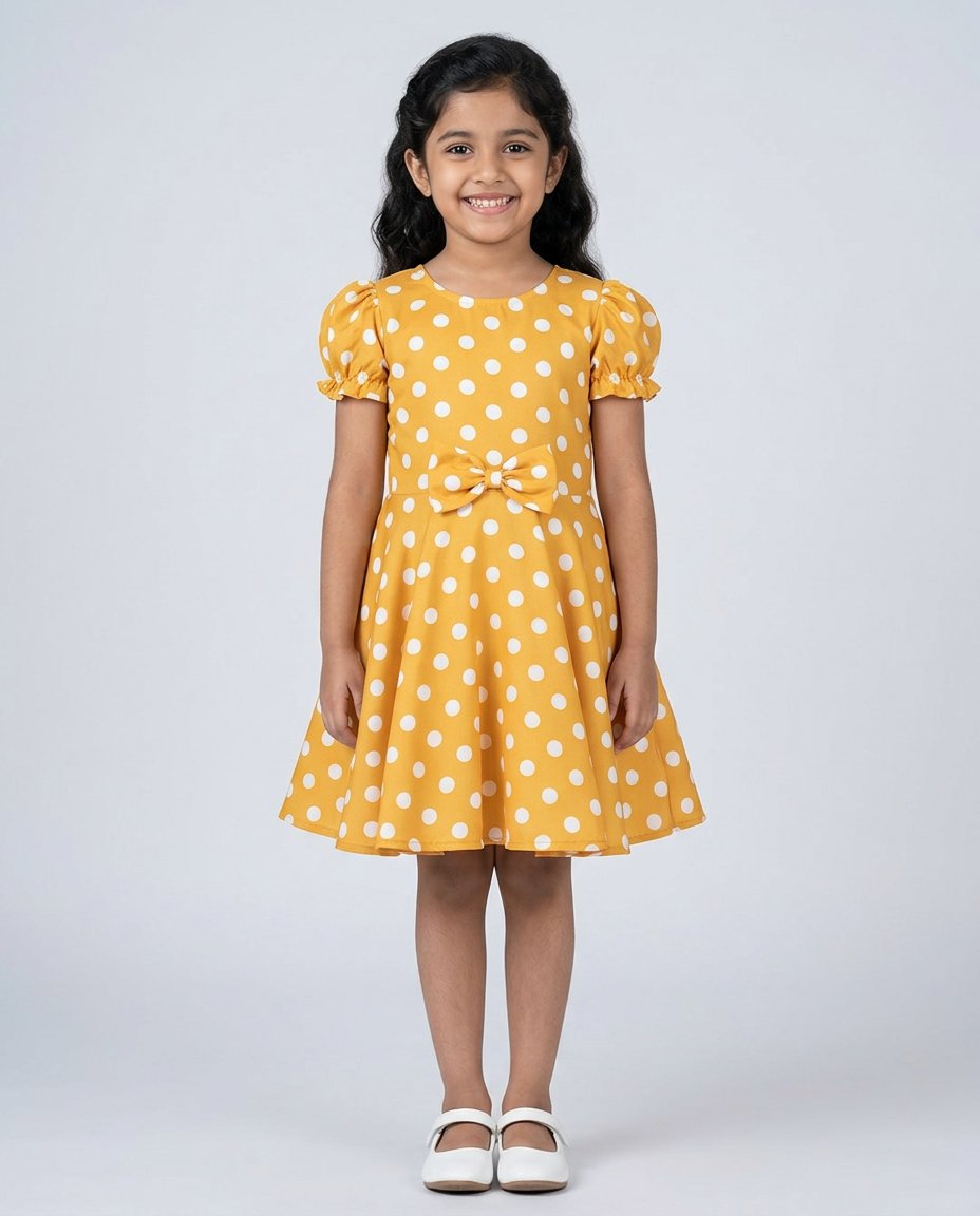 Yellow Polka Dot Party Dress for kids — Yellow/White colour — Cotton Blend with Cotton Lining fabric — Indian sizes 20–30 — Dance Dress fancy dress for school annual day & sports day — Kolkata & West Bengal delivery — ZapCostumes