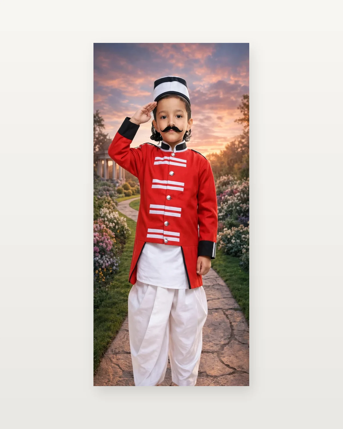 Mangal Pandey Costume for kids — Studio front view — Red/White colour — Polyester fabric — Indian sizes S (24)–XL (36) — Freedom Fighters fancy dress for school annual day & sports day — Kolkata & West Bengal delivery — ZapCostumes