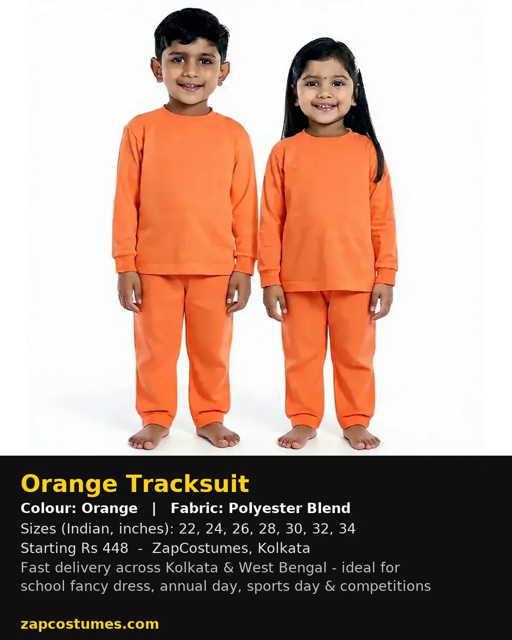 Orange Tracksuit for kids — Size, fabric & delivery details — Orange colour — Polyester Blend fabric — Indian sizes 22–34 — Tracksuits / Jersey fancy dress for school annual day & sports day — Kolkata & West Bengal delivery — ZapCostumes