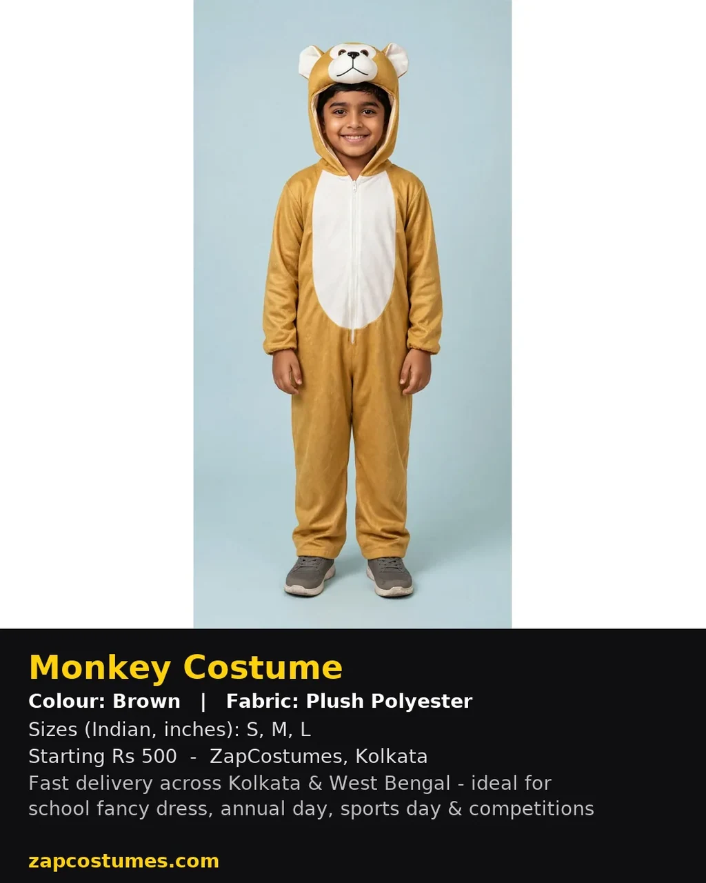Monkey Costume for kids — Size, fabric & delivery details — Brown colour — Plush Polyester fabric — Indian sizes S–L — Animals fancy dress for school annual day & sports day — Kolkata & West Bengal delivery — ZapCostumes