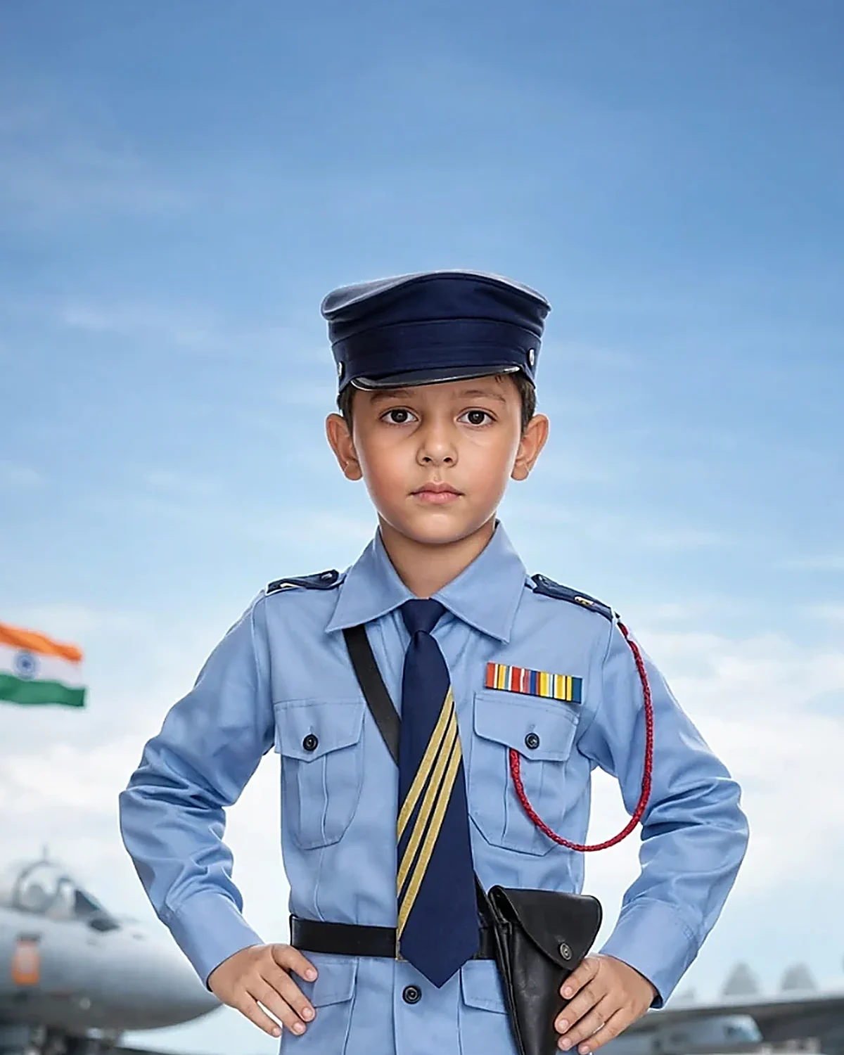 Air Force Officer Costume for kids — Top half close-up — Sky Blue colour — Polyester fabric — Indian sizes S (24)–L (32) — Defence Forces fancy dress for school annual day & sports day — Kolkata & West Bengal delivery — ZapCostumes