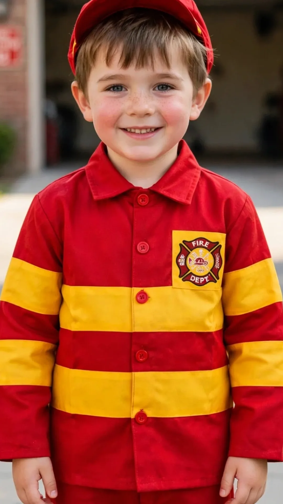 Fireman Costume for kids — Zoomed-in fabric & detail view — Red/Yellow colour — Polyester fabric — Indian sizes S (24)–L (32) — Professions fancy dress for school annual day & sports day — Kolkata & West Bengal delivery — ZapCostumes