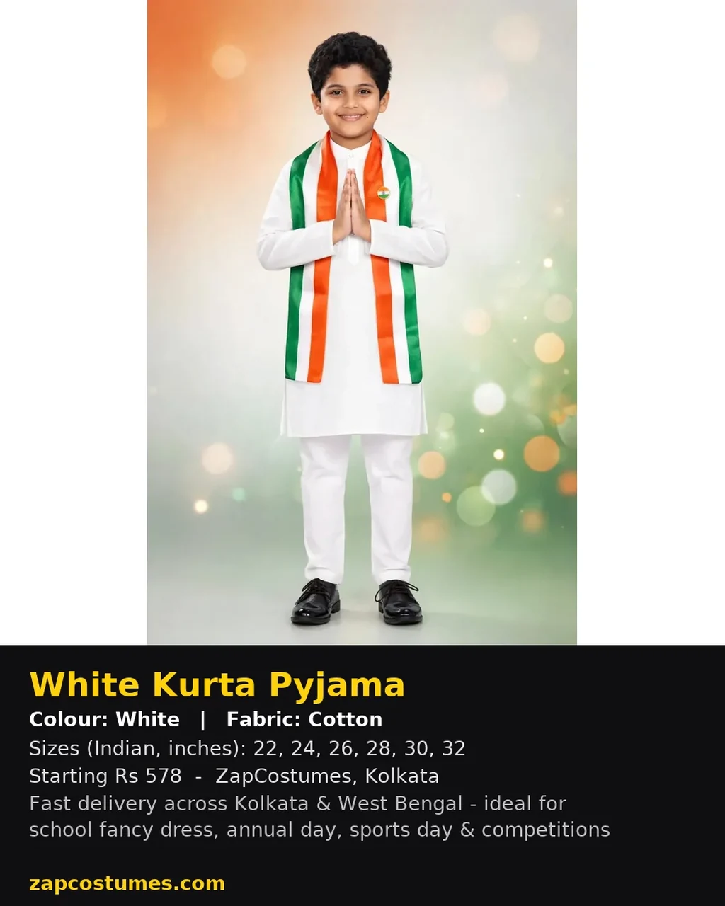 White Kurta Pyjama for kids — Size, fabric & delivery details — White colour — Cotton fabric — Indian sizes 22–32 — White Kurta Pyjama fancy dress for school annual day & sports day — Kolkata & West Bengal delivery — ZapCostumes
