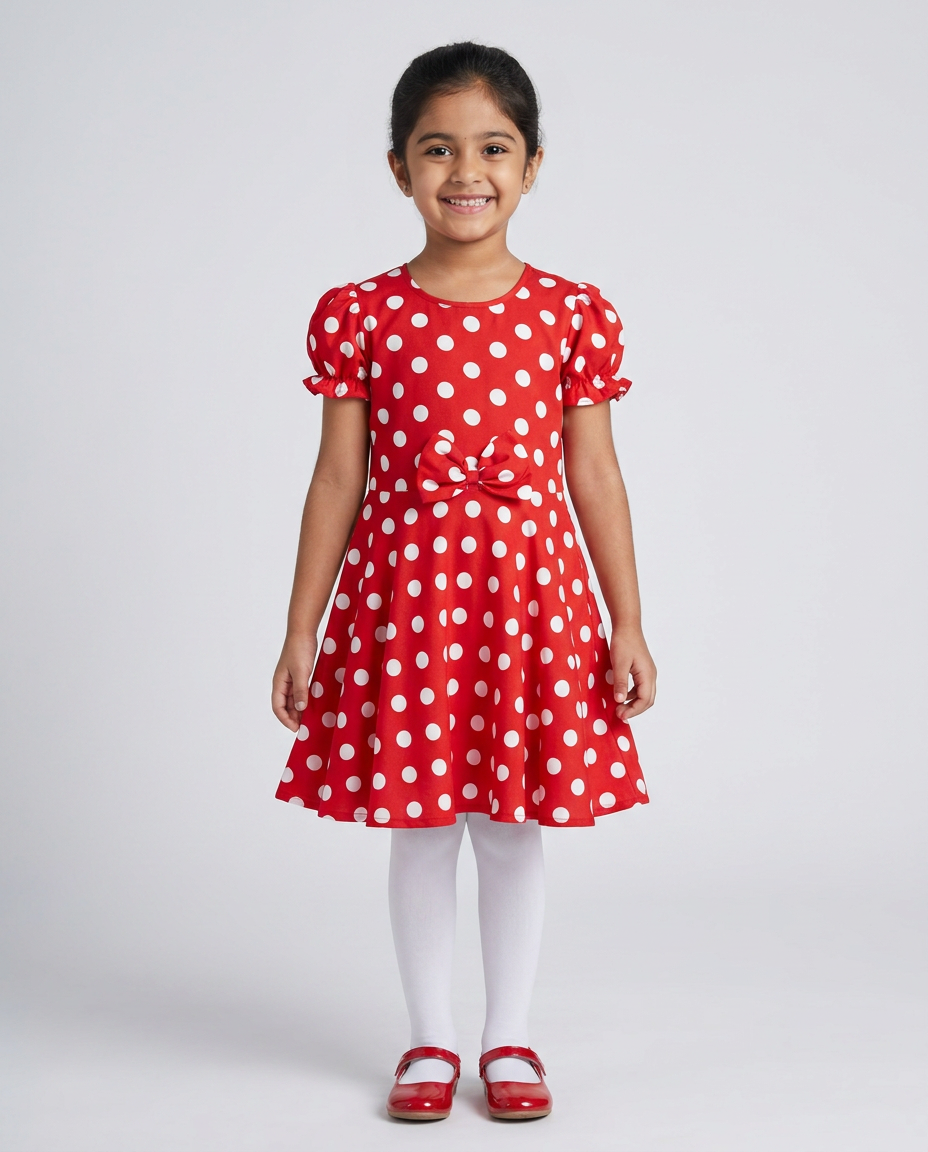 Red Polka Dot Party Dress for kids — Red/White colour — Cotton Blend with Cotton Lining fabric — Indian sizes 20–30 — Dance Dress fancy dress for school annual day & sports day — Kolkata & West Bengal delivery — ZapCostumes