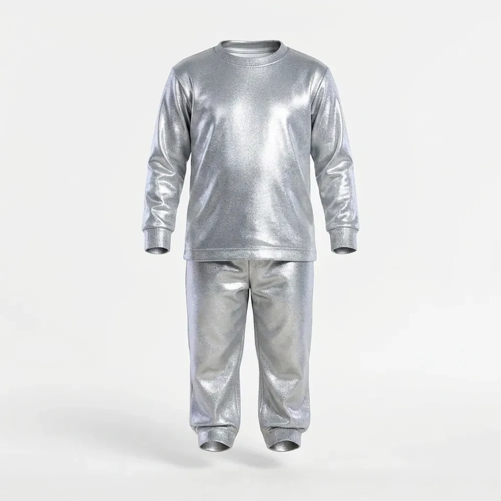 Silver Metallic Tracksuit for kids — Ghost mannequin view — Silver colour — Polyester Blend fabric — Indian sizes 22–34 — Tracksuits / Jersey fancy dress for school annual day & sports day — Kolkata & West Bengal delivery — ZapCostumes