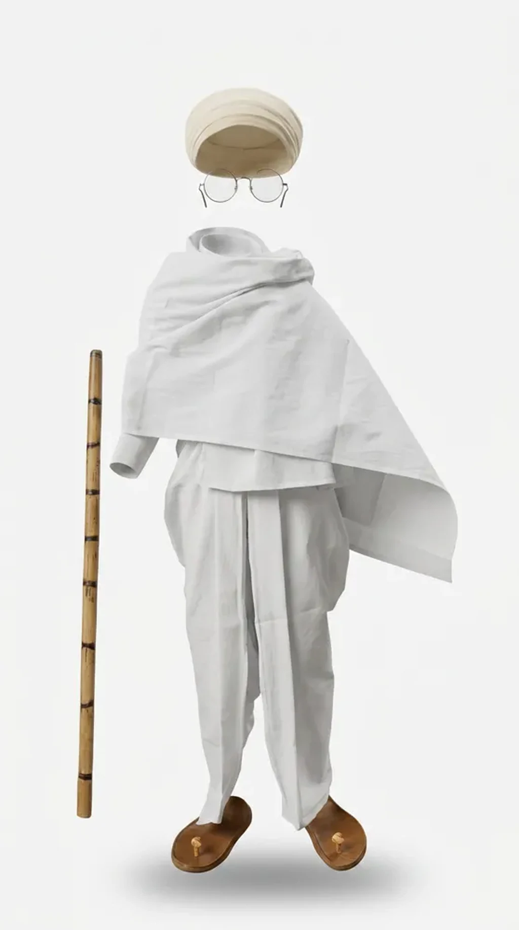 Mahatma Gandhi Costume for kids — Ghost mannequin view — White colour — Polyester fabric — Indian sizes S (24)–XL (36) — Freedom Fighters fancy dress for school annual day & sports day — Kolkata & West Bengal delivery — ZapCostumes