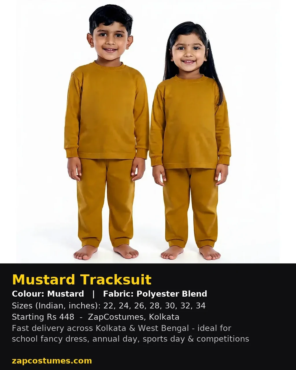 Mustard Tracksuit for kids — Size, fabric & delivery details — Mustard colour — Polyester Blend fabric — Indian sizes 22–34 — Tracksuits / Jersey fancy dress for school annual day & sports day — Kolkata & West Bengal delivery — ZapCostumes
