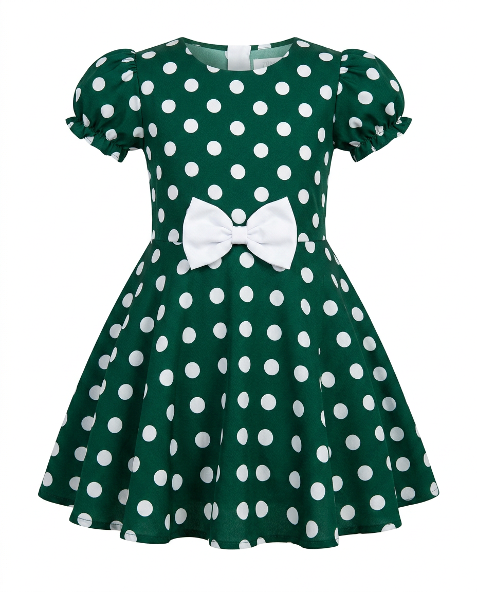 Green Polka Dot Party Dress for kids — Ghost mannequin view — Bottle Green/White colour — Cotton Blend with Cotton Lining fabric — Indian sizes 20–30 — Dance Dress fancy dress for school annual day & sports day — Kolkata & West Bengal delivery — ZapCostumes