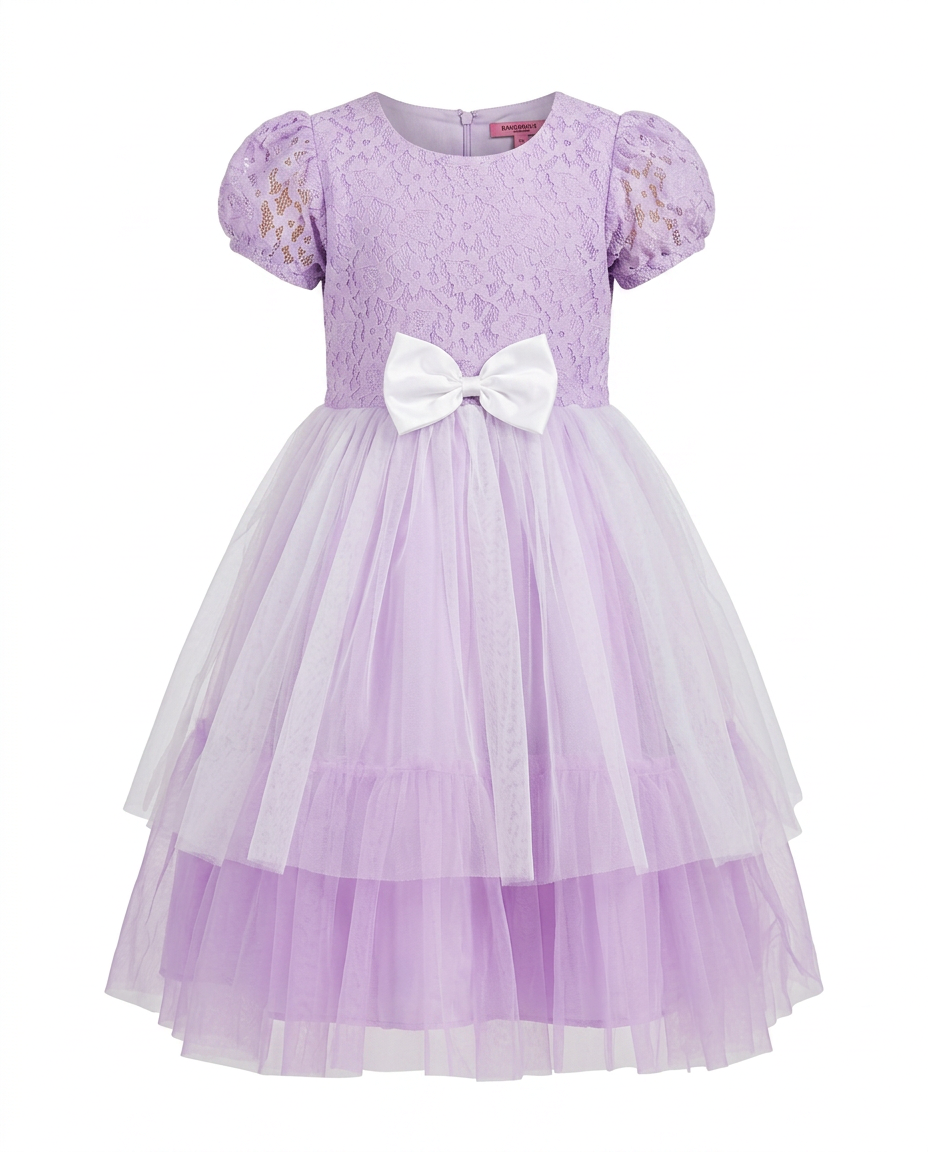 Lavender & White Lace Tulle Party Dress for kids — Ghost mannequin view — Lavender/White colour — Floral Lace & Tulle with Satin Lining fabric — Indian sizes 20–30 — Dance Dress fancy dress for school annual day & sports day — Kolkata & West Bengal delivery — ZapCostumes