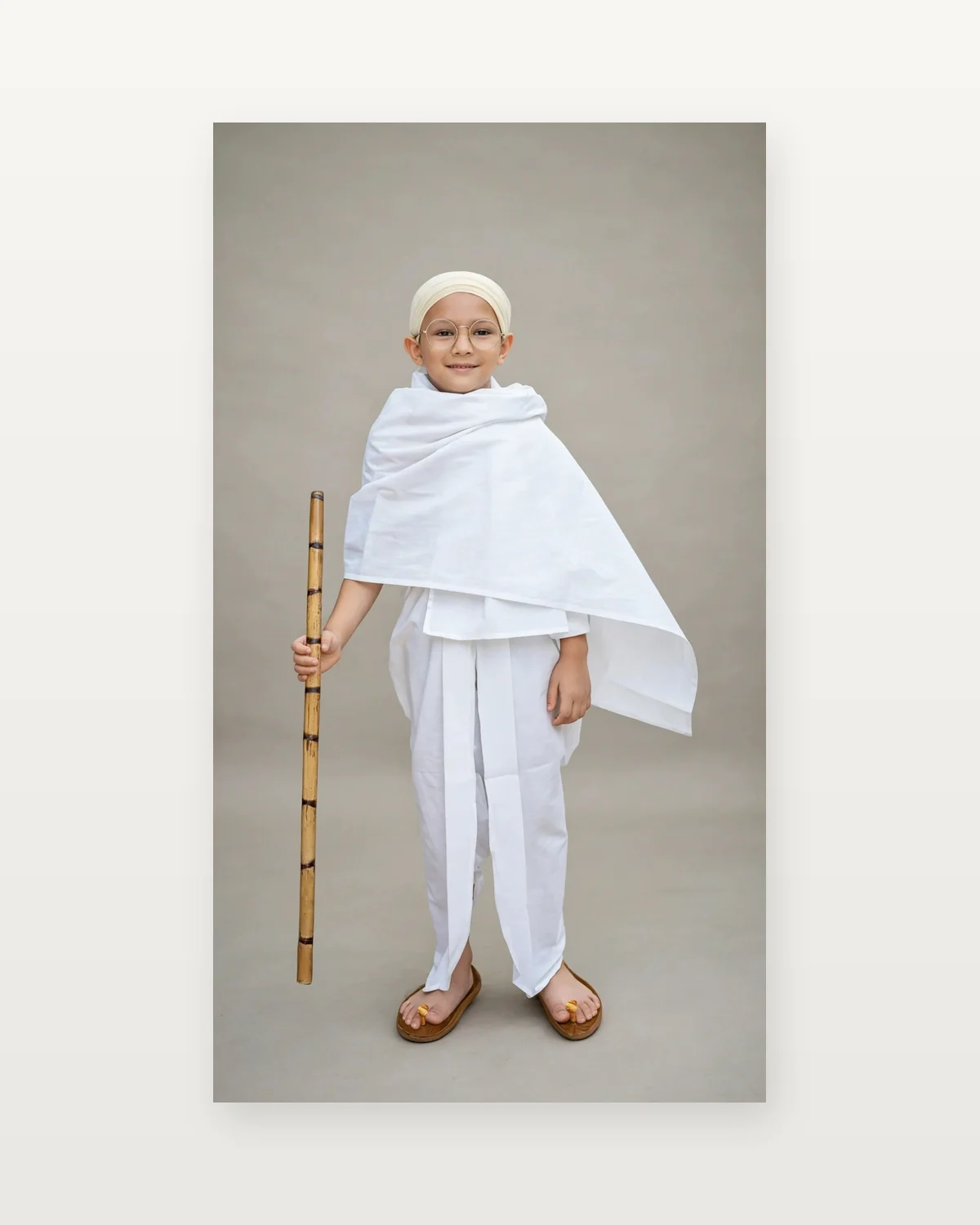 Mahatma Gandhi Costume for kids — Studio front view — White colour — Polyester fabric — Indian sizes S (24)–XL (36) — Freedom Fighters fancy dress for school annual day & sports day — Kolkata & West Bengal delivery — ZapCostumes