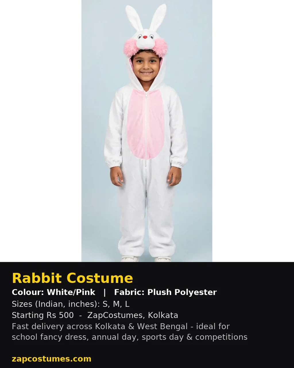 Rabbit Costume for kids — Size, fabric & delivery details — White/Pink colour — Plush Polyester fabric — Indian sizes S–L — Animals fancy dress for school annual day & sports day — Kolkata & West Bengal delivery — ZapCostumes