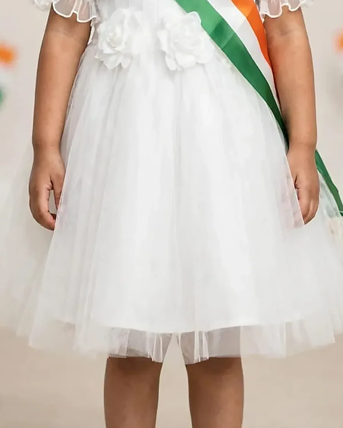 Tiranga Frock for kids — Lower half close-up — White/Tricolour colour — Net fabric — Indian sizes 22–30 — White Kurta Pyjama fancy dress for school annual day & sports day — Kolkata & West Bengal delivery — ZapCostumes