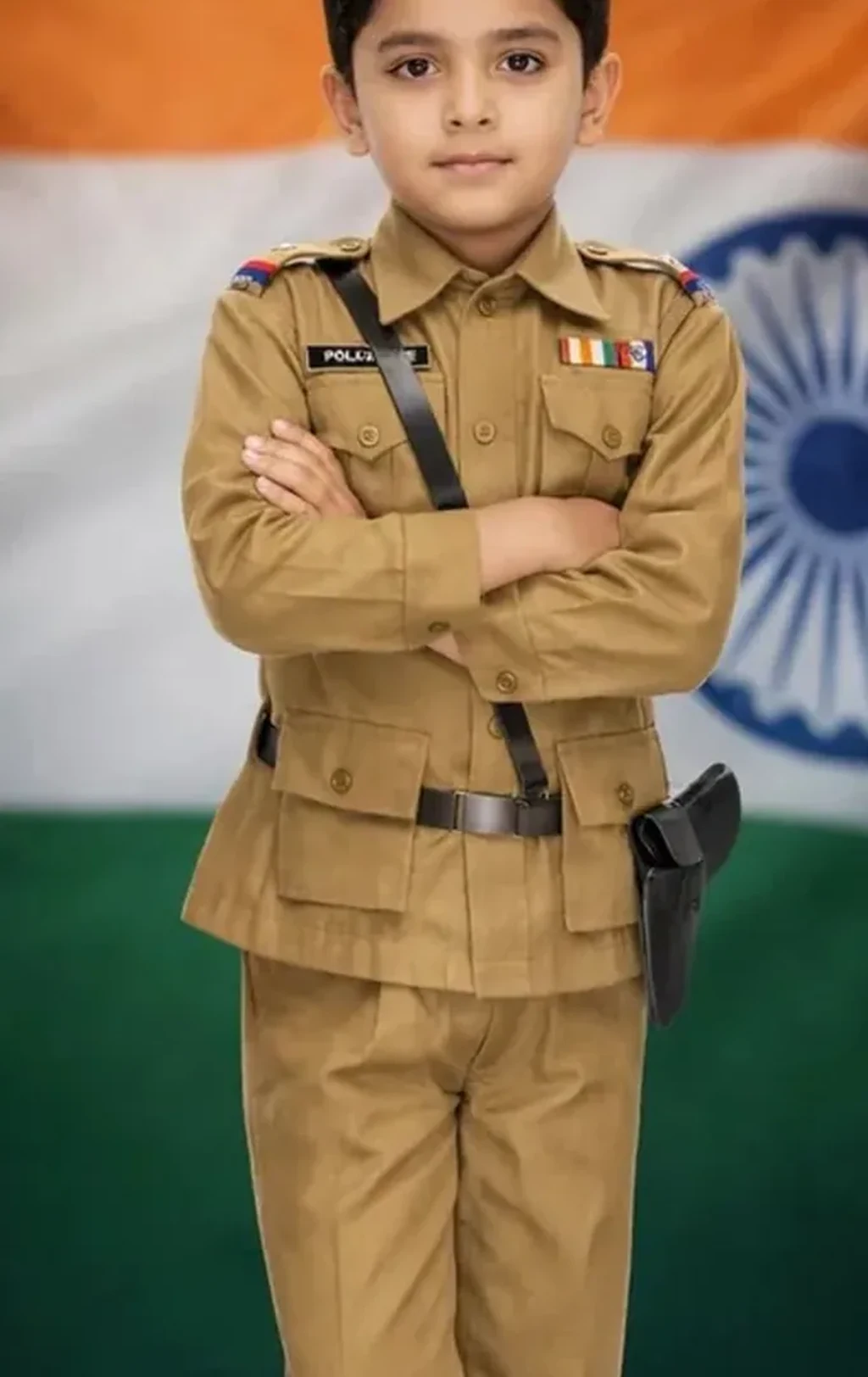 Police Officer Costume for kids — Zoomed-in fabric & detail view — Khaki colour — Polyester fabric — Indian sizes S (24)–XXL (40) — Defence Forces fancy dress for school annual day & sports day — Kolkata & West Bengal delivery — ZapCostumes