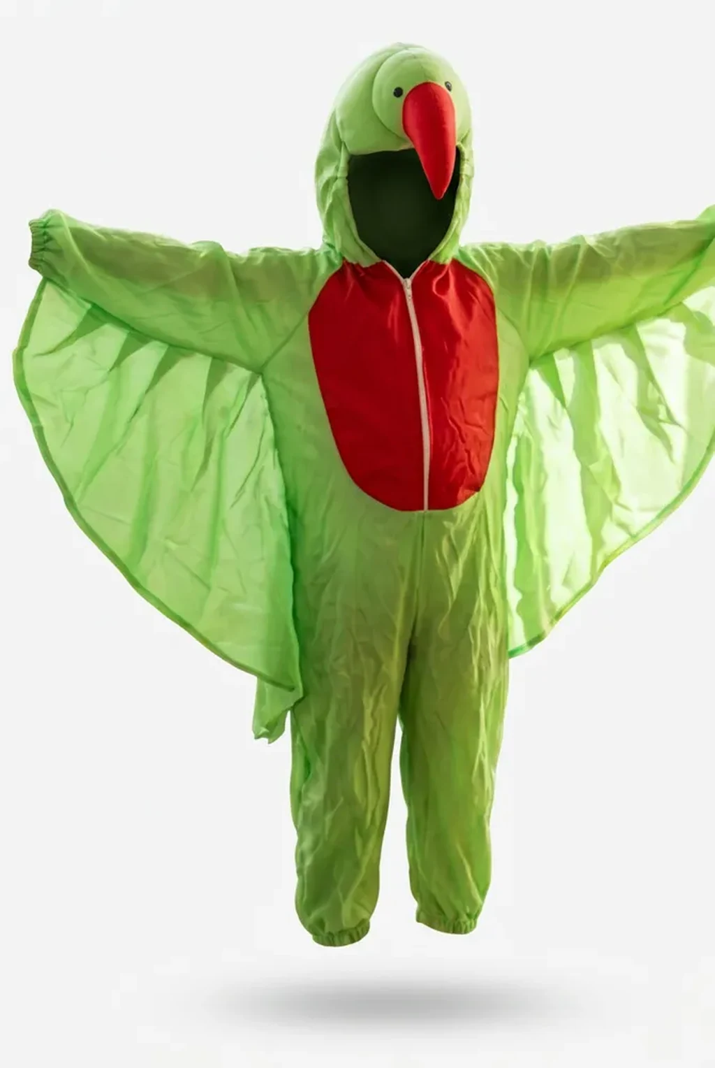 Parrot Costume for kids — Ghost mannequin view — Green/Red colour — Plush Polyester fabric — Indian sizes S–L — Animals fancy dress for school annual day & sports day — Kolkata & West Bengal delivery — ZapCostumes