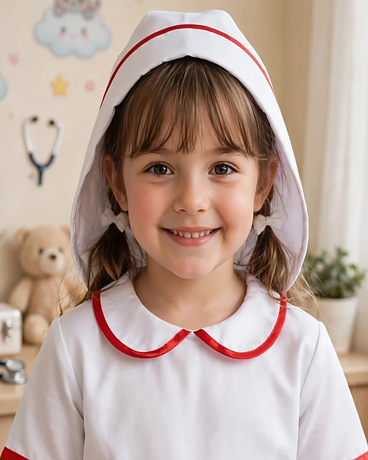 Nurse Costume for kids — Top half close-up — White/Red colour — Polyester fabric — Indian sizes S–L — Nurse / Doctor fancy dress for school annual day & sports day — Kolkata & West Bengal delivery — ZapCostumes