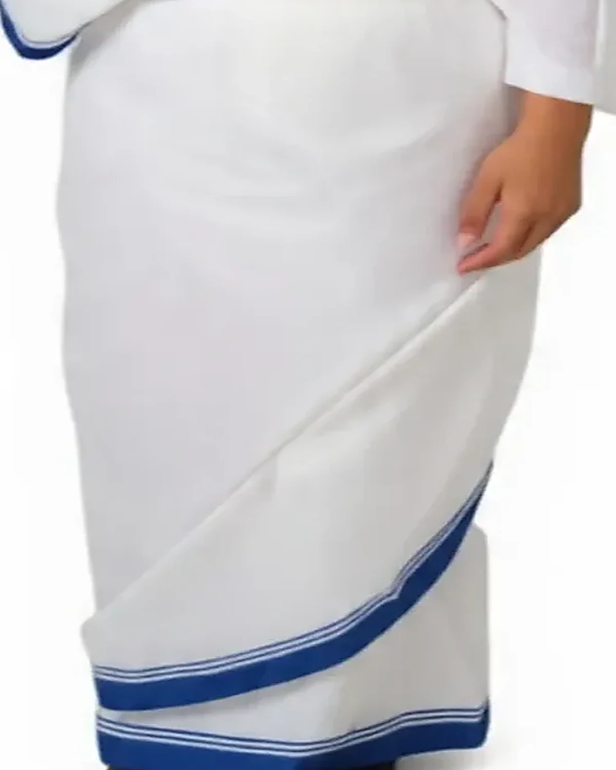 Mother Teresa Costume for kids — Lower half close-up — White/Blue colour — Polyester fabric — Indian sizes S (24)–XL (36) — Freedom Fighters fancy dress for school annual day & sports day — Kolkata & West Bengal delivery — ZapCostumes