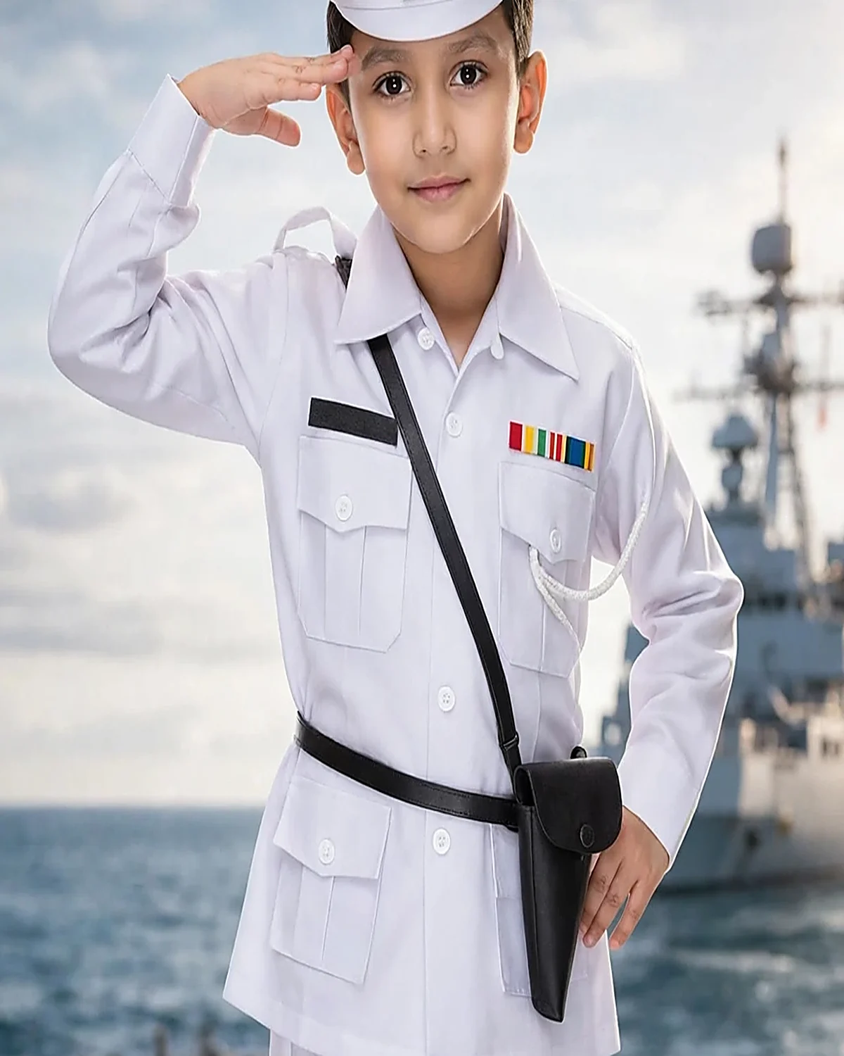 Navy Officer Costume for kids — Top half close-up — White colour — Polyester fabric — Indian sizes S (24)–L (32) — Defence Forces fancy dress for school annual day & sports day — Kolkata & West Bengal delivery — ZapCostumes