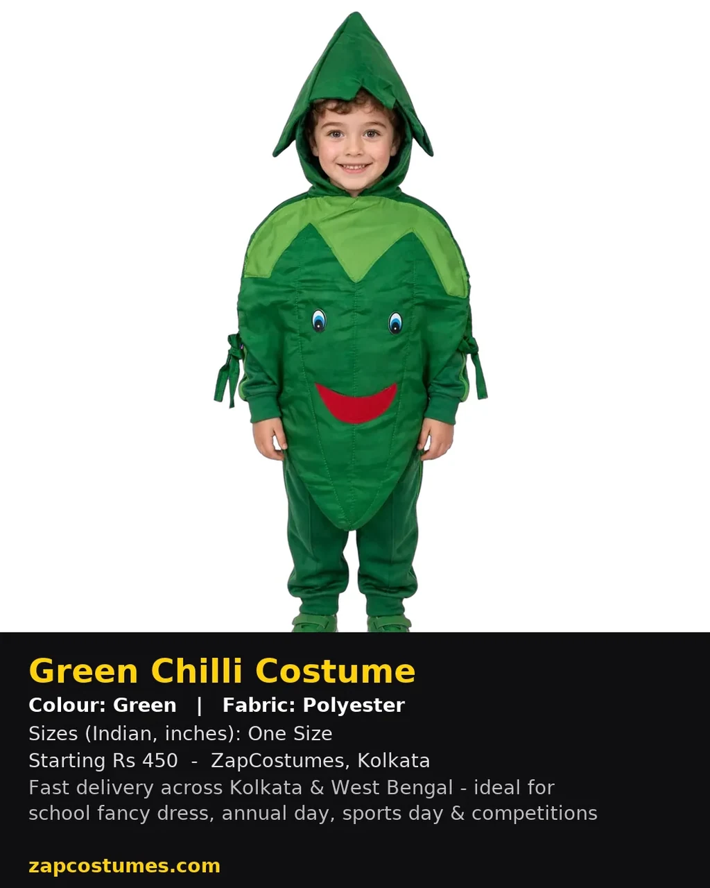 Green Chilli Costume for kids — Size, fabric & delivery details — Green colour — Polyester fabric — Indian sizes One Size — Fruits / Vegetables fancy dress for school annual day & sports day — Kolkata & West Bengal delivery — ZapCostumes