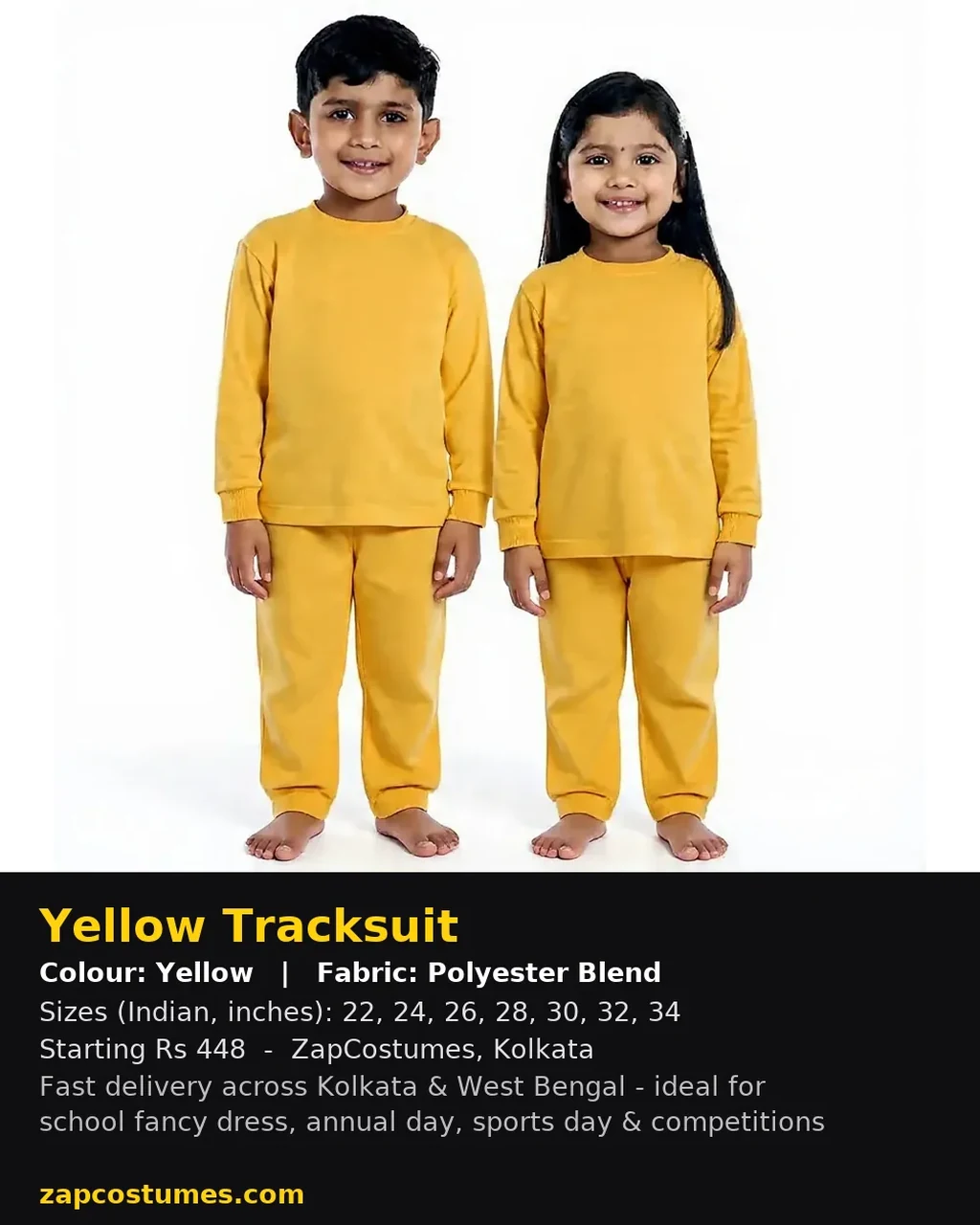Yellow Tracksuit for kids — Size, fabric & delivery details — Yellow colour — Polyester Blend fabric — Indian sizes 22–34 — Tracksuits / Jersey fancy dress for school annual day & sports day — Kolkata & West Bengal delivery — ZapCostumes
