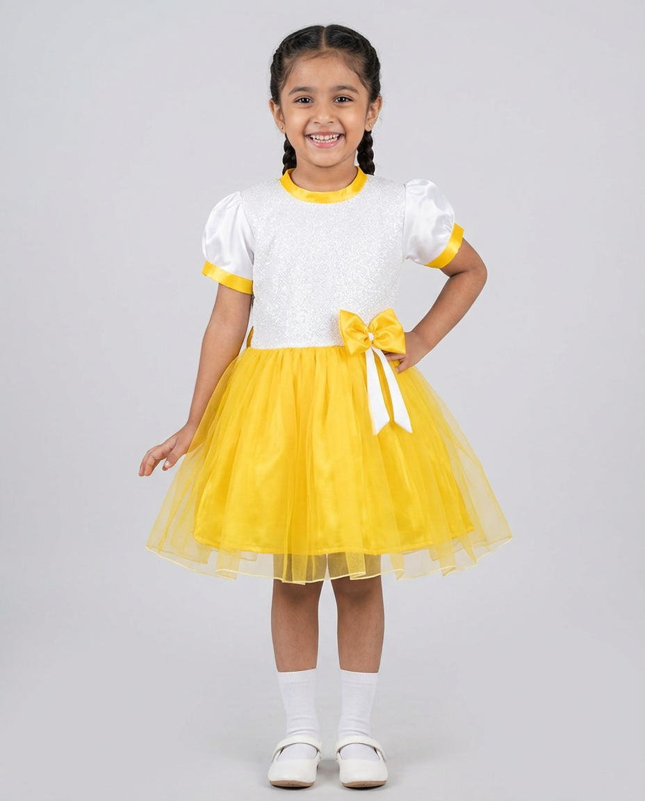 Yellow Sequin & Tulle Party Dress for kids — Yellow/Gold colour — Sequin Fabric & Tulle with Cotton Lining fabric — Indian sizes 20–30 — Dance Dress fancy dress for school annual day & sports day — Kolkata & West Bengal delivery — ZapCostumes