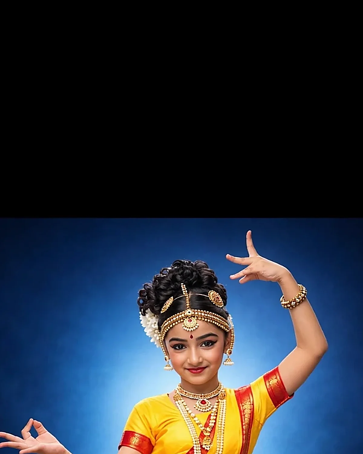 Bharat Natiyam Costume for kids — Top half close-up — Yellow/Red colour — Polyester fabric — Indian sizes S (24)–L (34) — Bharat Natiyam fancy dress for school annual day & sports day — Kolkata & West Bengal delivery — ZapCostumes