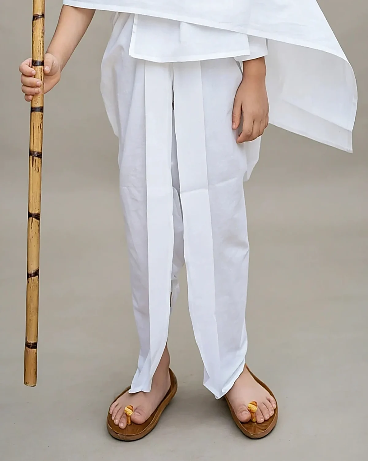 Mahatma Gandhi Costume for kids — Lower half close-up — White colour — Polyester fabric — Indian sizes S (24)–XL (36) — Freedom Fighters fancy dress for school annual day & sports day — Kolkata & West Bengal delivery — ZapCostumes