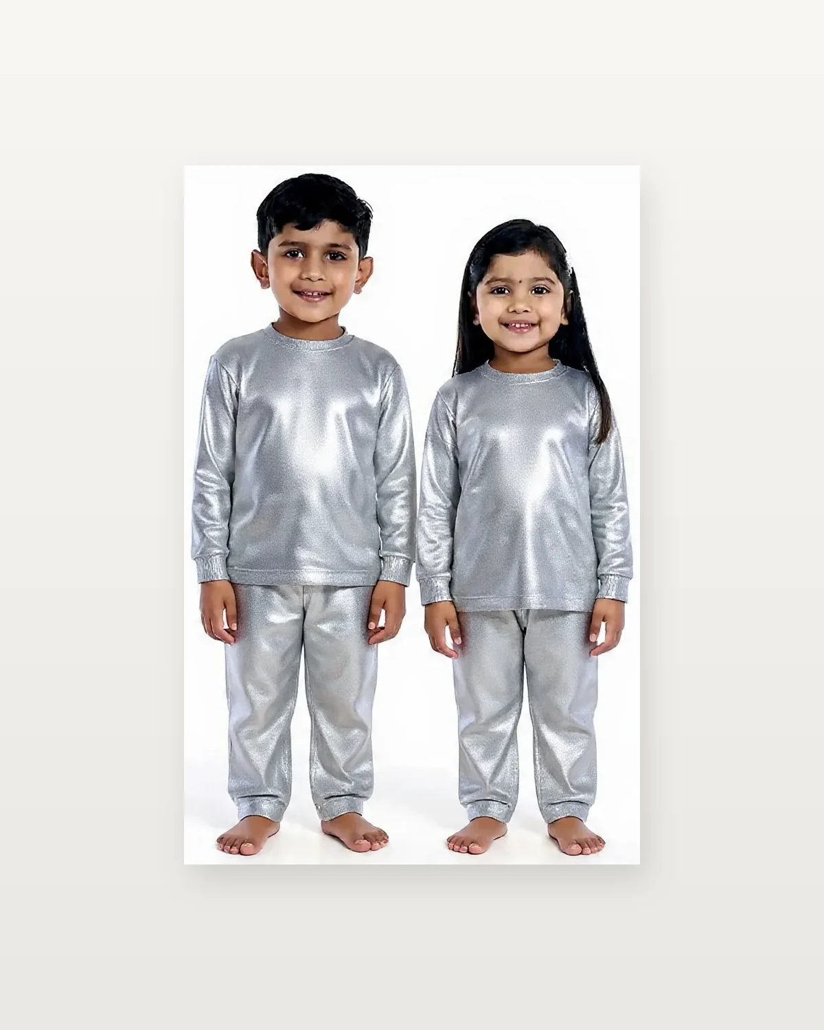Silver Metallic Tracksuit for kids — Studio front view — Silver colour — Polyester Blend fabric — Indian sizes 22–34 — Tracksuits / Jersey fancy dress for school annual day & sports day — Kolkata & West Bengal delivery — ZapCostumes
