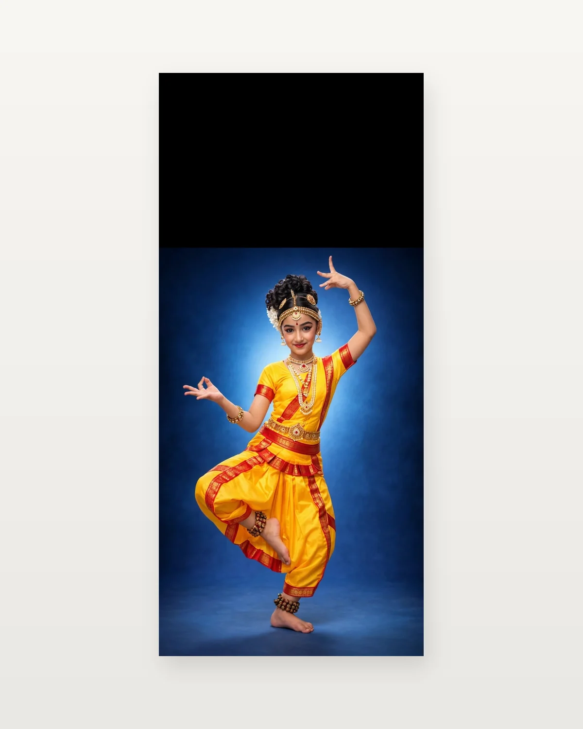 Bharat Natiyam Costume for kids — Studio front view — Yellow/Red colour — Polyester fabric — Indian sizes S (24)–L (34) — Bharat Natiyam fancy dress for school annual day & sports day — Kolkata & West Bengal delivery — ZapCostumes