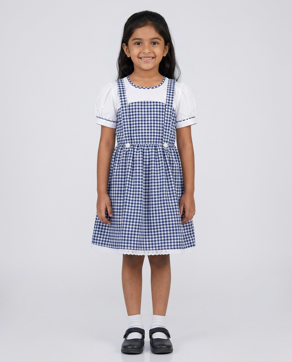 Blue Gingham Pinafore Party Dress for kids — Blue/White colour — Gingham Cotton Blend with Cotton Lining fabric — Indian sizes 20–30 — Dance Dress fancy dress for school annual day & sports day — Kolkata & West Bengal delivery — ZapCostumes