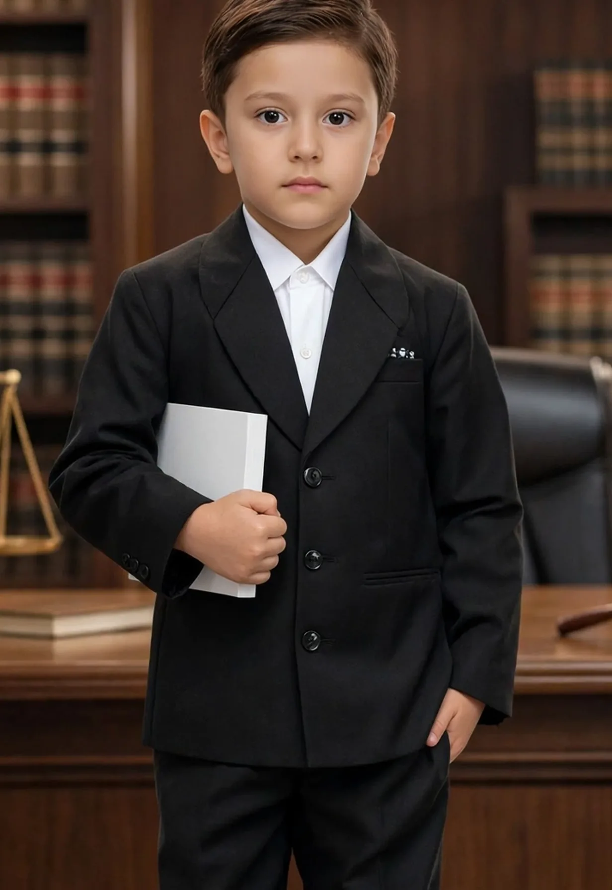 Advocate Costume for kids — Zoomed-in fabric & detail view — Black/White colour — Polyester fabric — Indian sizes S (24)–XL (36) — Advocate fancy dress for school annual day & sports day — Kolkata & West Bengal delivery — ZapCostumes