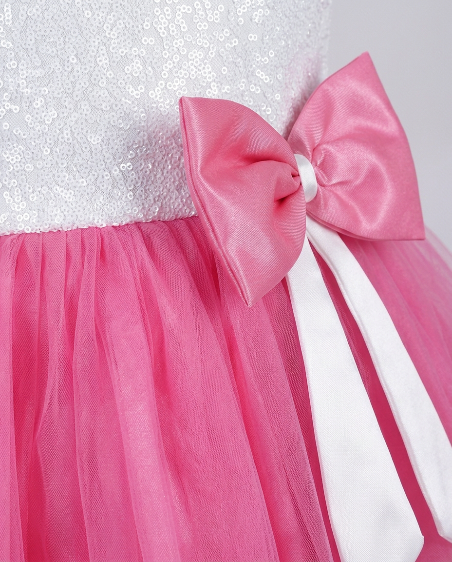 Pink Sequin & Tulle Party Dress for kids — Fabric & stitching close-up — Pink/Silver colour — Sequin Fabric & Tulle with Cotton Lining fabric — Indian sizes 20–30 — Dance Dress fancy dress for school annual day & sports day — Kolkata & West Bengal delivery — ZapCostumes