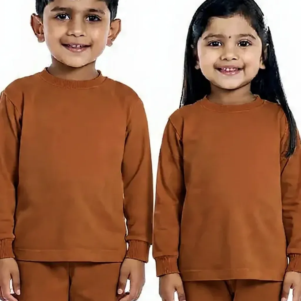 Brown Tracksuit for kids — Zoomed-in fabric & detail view — Brown colour — Polyester Blend fabric — Indian sizes 22–34 — Tracksuits / Jersey fancy dress for school annual day & sports day — Kolkata & West Bengal delivery — ZapCostumes