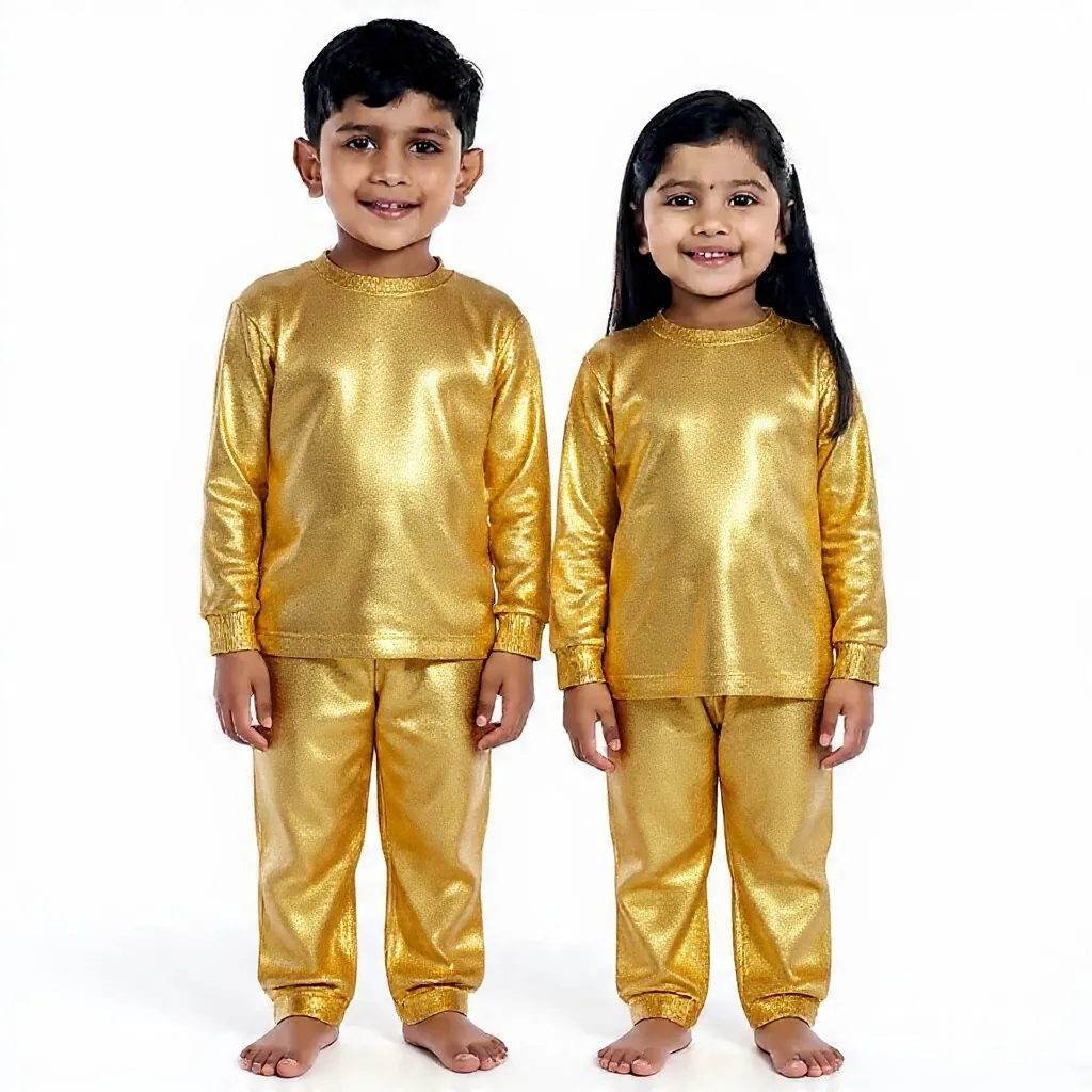 Gold Metallic Tracksuit for kids — Gold colour — Polyester Blend fabric — Indian sizes 22–34 — Tracksuits / Jersey fancy dress for school annual day & sports day — Kolkata & West Bengal delivery — ZapCostumes