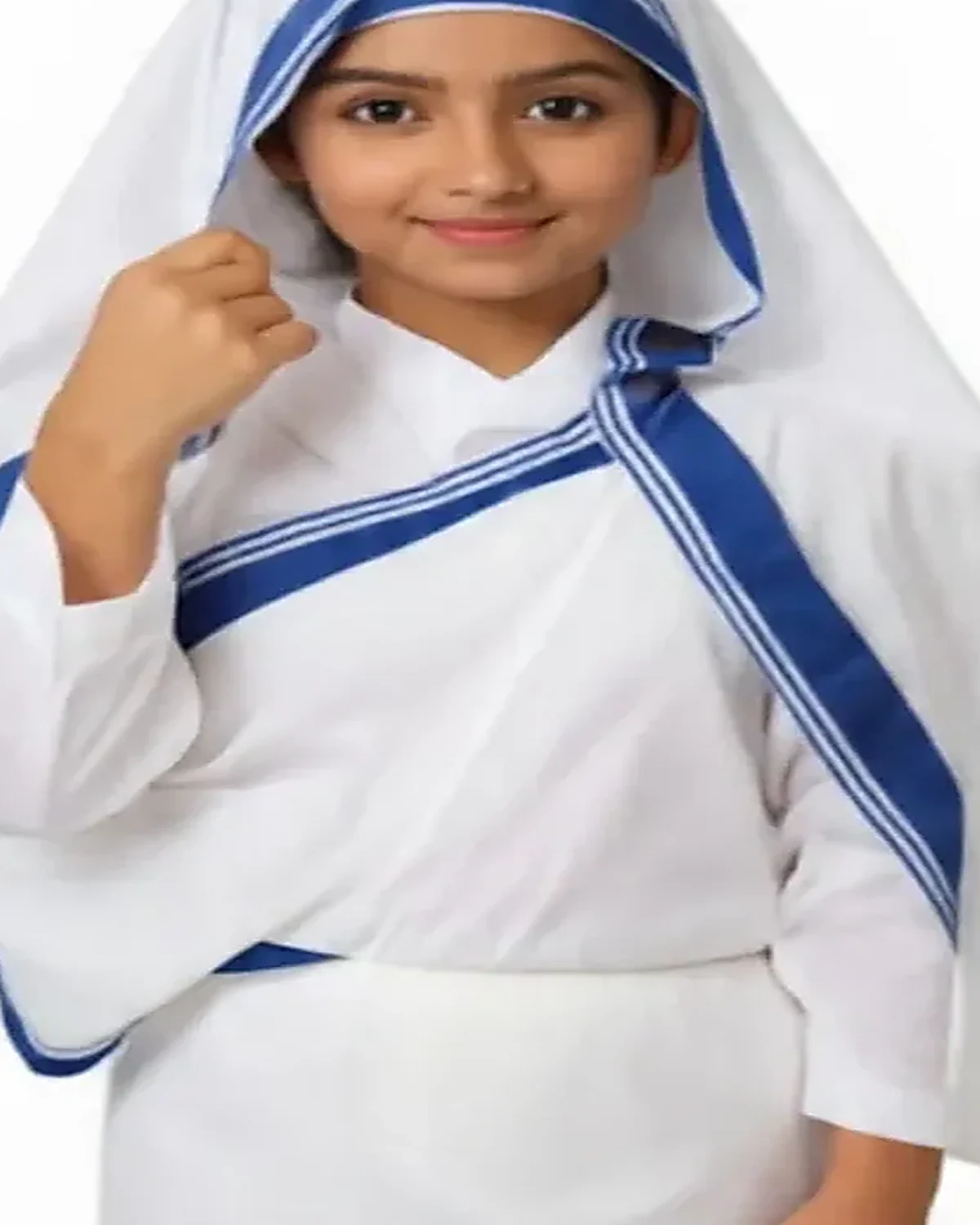 Mother Teresa Costume for kids — Top half close-up — White/Blue colour — Polyester fabric — Indian sizes S (24)–XL (36) — Freedom Fighters fancy dress for school annual day & sports day — Kolkata & West Bengal delivery — ZapCostumes