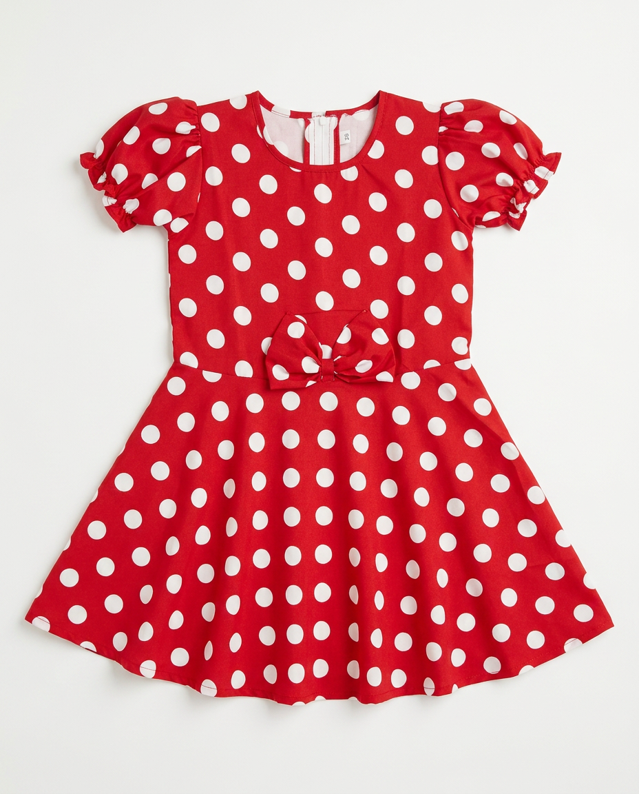 Red Polka Dot Party Dress for kids — Fabric & stitching close-up — Red/White colour — Cotton Blend with Cotton Lining fabric — Indian sizes 20–30 — Dance Dress fancy dress for school annual day & sports day — Kolkata & West Bengal delivery — ZapCostumes