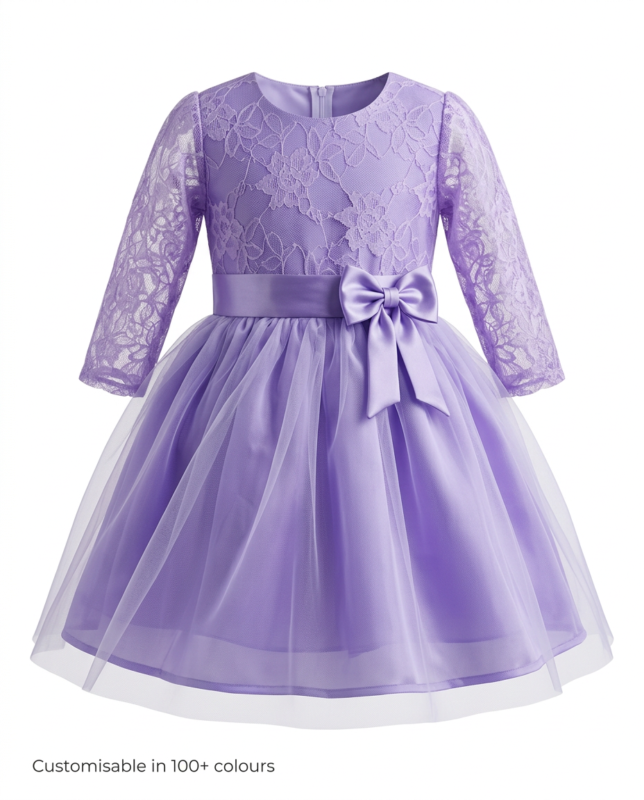 Lavender Lace & Tulle Party Dress for kids — Ghost mannequin view — Lavender Purple colour — Net Lace & Tulle with Satin Lining fabric — Indian sizes 20–30 — Dance Dress fancy dress for school annual day & sports day — Kolkata & West Bengal delivery — ZapCostumes